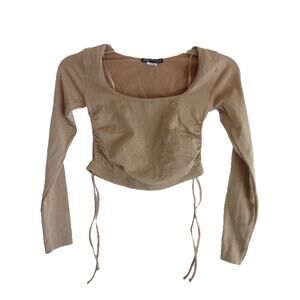 Zara Beige Tan Scrunch Side Square Scoop Neck Crop Top Bodycon XS